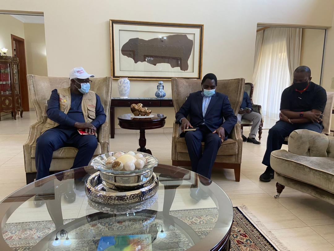 The Head of AUEOM to Zambia’s 2021 General elections, H.E. Dr. Ernest Bai Koroma meeting with the main opposition party leader, Hakainde Hichilem