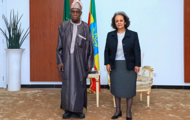 Meeting of the Head of the AU election observation mission, H.E. Chief Olusengu Obasanjo, with the President of Ethiopia, H.E. Sahle-Work Zewde. In attendance were the AU Commissioner for Political Affairs, Peace and Security and other members