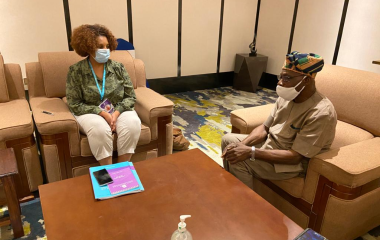 The Head of AU election observation mission, H.E. Chief Olusengu Obasanjo, meeting with the Chairperson of the National Election Board of Ethiopia, Ms. Birtukan Mideksa. The meeting was to get a briefing on the level of preparedness for the 21 June 2021 General elections in Ethiopia.