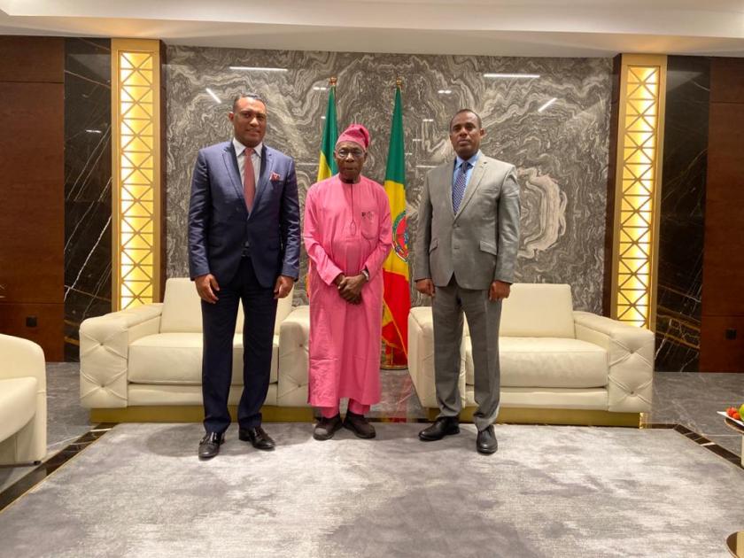 The Head of the AU election observation mission, H.E. Chief Olusengu Obasanjo, meeting with the Minister of Defense, Hon. Kenea Yadeta, and Commissioner-General of the Ethiopian Federal Police, Demelash Gebremichael, to discuss issues relating to security