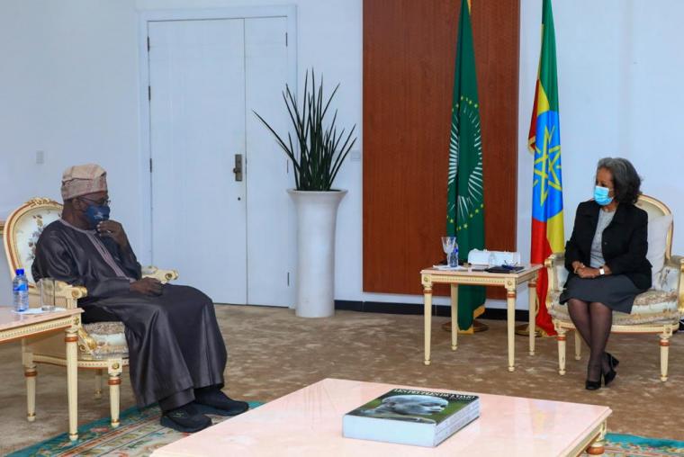Meeting of the Head of the AU election observation mission, H.E. Chief Olusengu Obasanjo, with the President of Ethiopia, H.E. Sahle-Work Zewde. In attendance were the AU Commissioner for Political Affairs, Peace and Security and other members of the mission.
