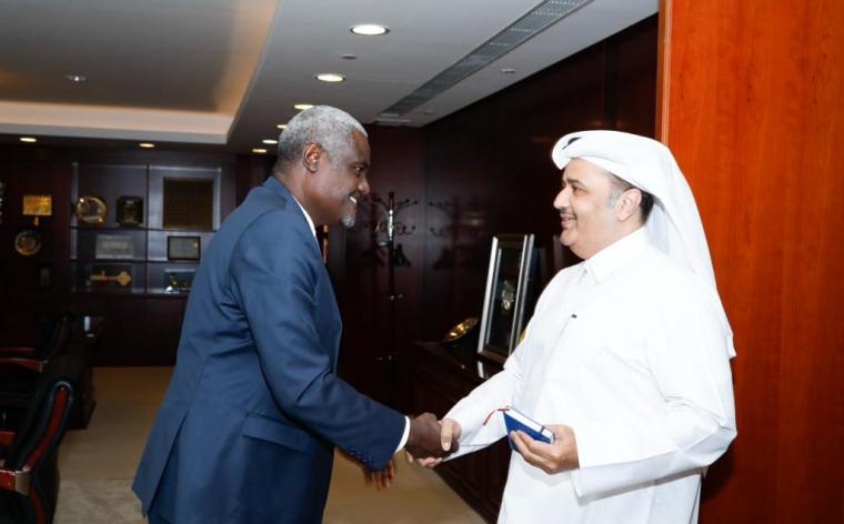 H.E. Moussa Faki Mahamat the African Union Commission (AUC) Chairperson receives H.E. Hamad Mohammed Al-Dosari, Ambasador of the State of Quatar to Ethiopia
