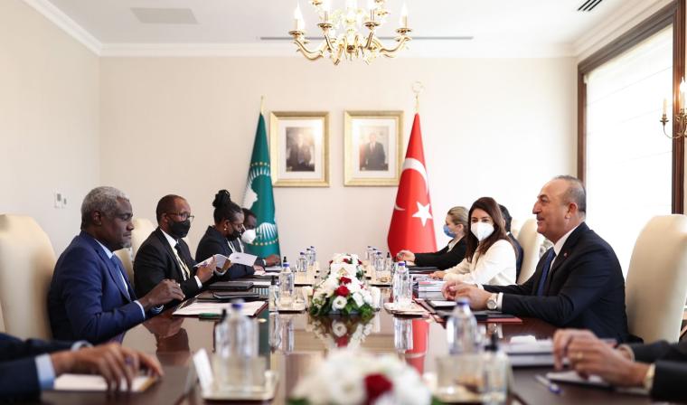 Turkish Foreign Minister Mevlut Cavusoglu (R) meets with Head of the African Union Commission Moussa Faki Mahamat (L) in Ankara, Turkey on September 30, 2021. ( Cem Özdel - Anadolu Agency )